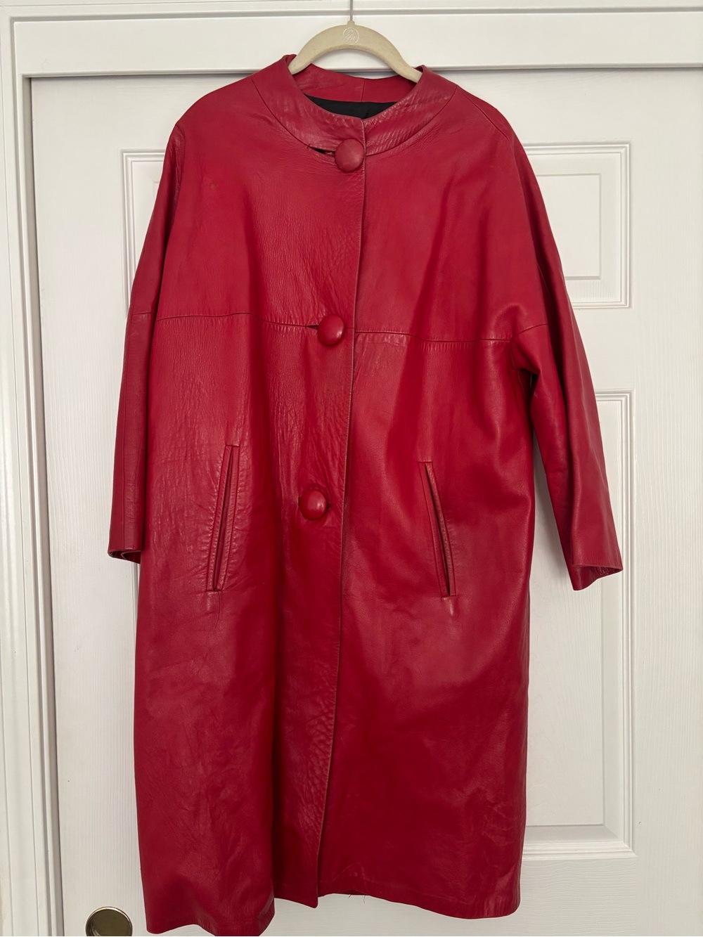 Women's Red Leather Button-Front Long Coat